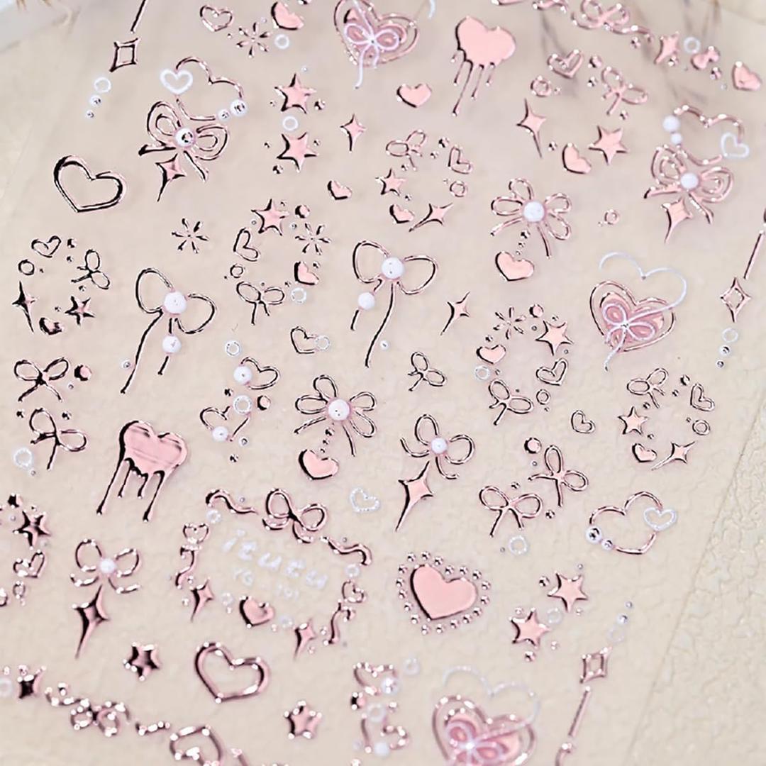 Valentines Nail Art Stickers 5D Embossed Bow Hearts Nail Stickers Pink Heart Nail Stickers Valentine's Day Self-Adhesive Nail Decorations for Women Manicure 1 Sheet