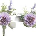 MAFELOE 2 Pieces Artificial Wrist Corsage and Boutonniere Set, Groom Groomsmen Bride Bridesmaids Wedding Flowers Accessories Prom Party Suit Decorations - Pale Purple