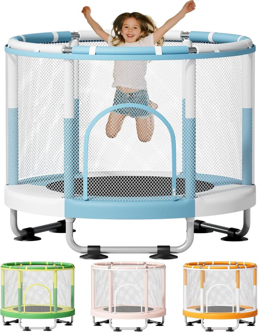 55" Trampoline for Kids, 440lbs Capacity Indoor & Outdoor Toddler Trampoline, Gifts for Boys & Girls (Blue White)