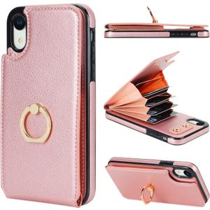 Folosu Compatible with iPhone XR Case Wallet with Card Holder, 360Rotation Finger Ring Holder Kickstand Protective RFID Blocking PU Leather Double Buttons Flip Shockproof Cover 6.1 Inch Rose Gold