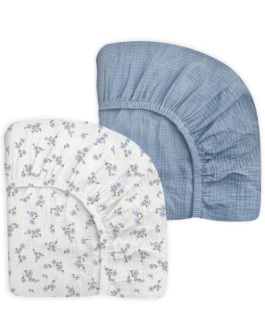 Pack and Play Sheets for Baby Boy and Girl 2 Pack, Neutral Muslin Cotton Pack N Play Mattresses Sheet 27"x39", Muslin Nursery Bedding Soft and Breathable Comfort (Bluebell Bloom & Light Blue)