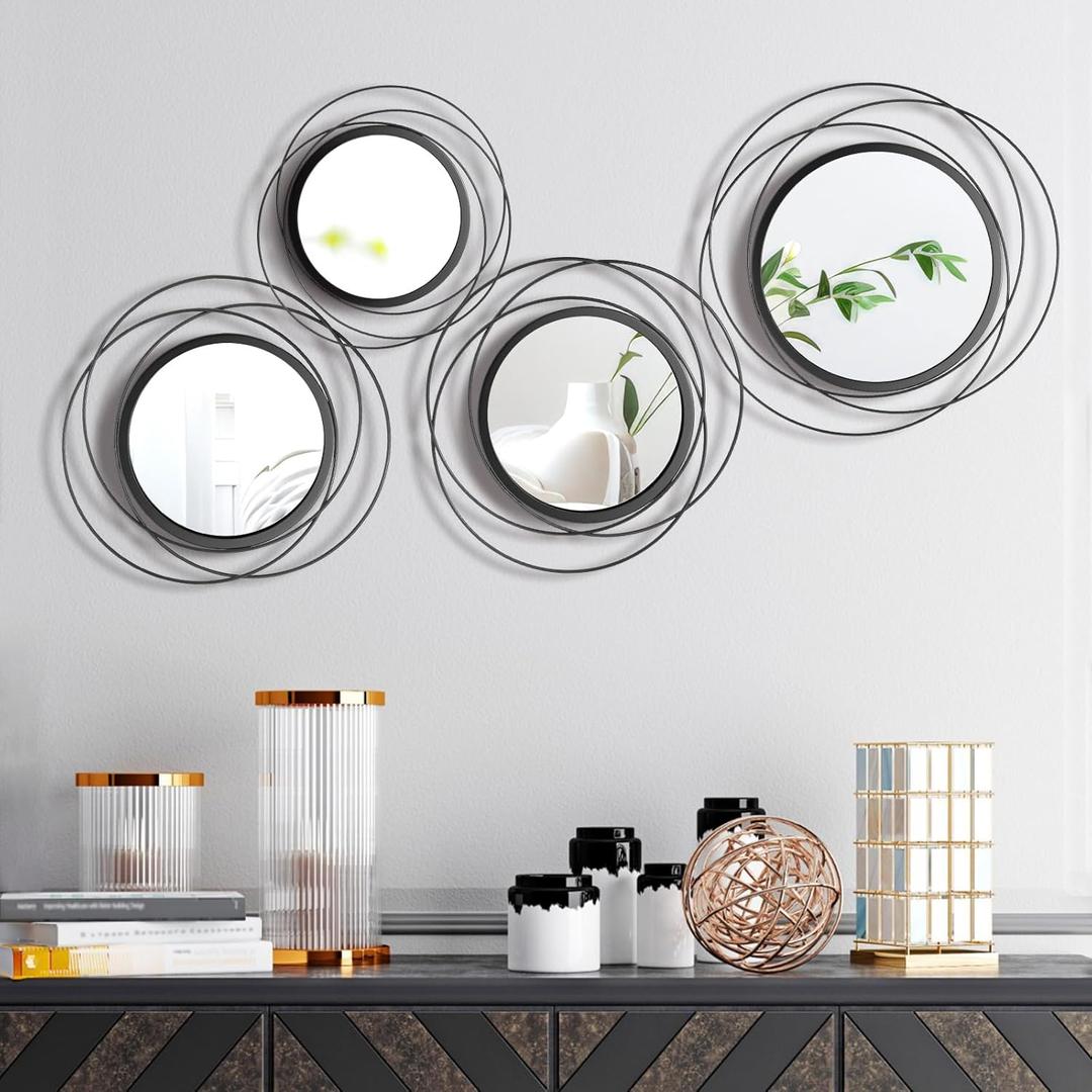 Hicarer 4 Pcs Decorative Wall Mirror Round Modern Mirror Circle Mirror Wall Art Ring Metal Mirror Wall Decor Wall Mounted Mirror for Bedroom Living Room Entryway Dining Room Hallway (Black)