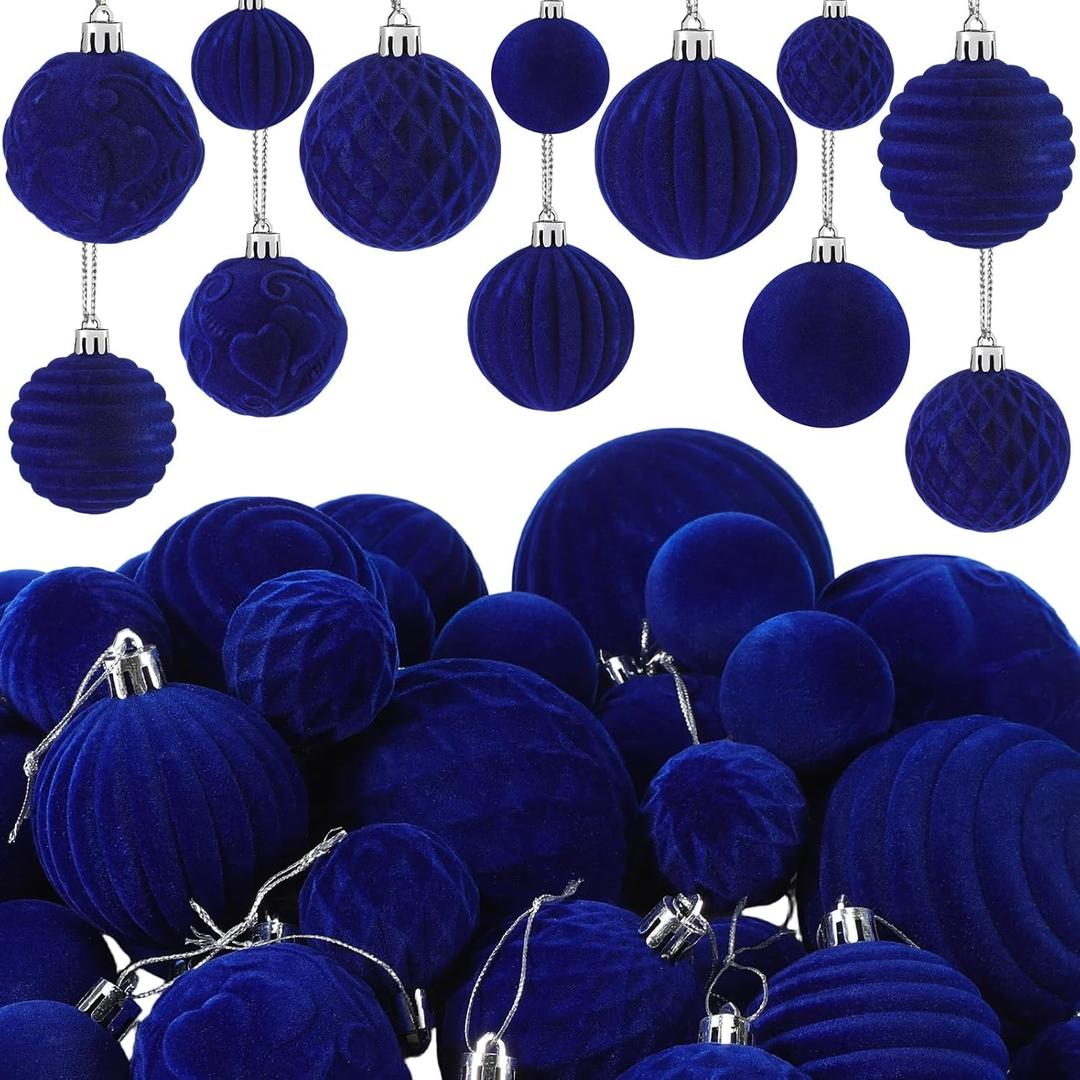 Hungdao 38 Pcs Velvet Christmas Ball Ornaments Sets Dark Blue Flocked Christmas Tree Decorations with 5 Styles in 3 Sizes Shatterproof Hanging Xmas Ball Tree Ornaments for Xmas Holiday Decor