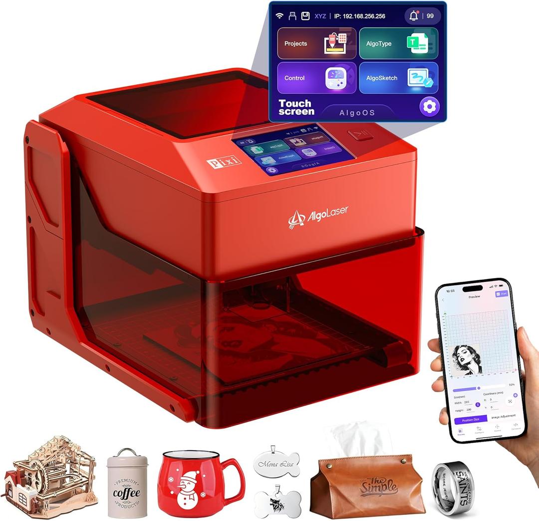 AlgoLaser 3W Smart Laser Engraver Machine, Class 1 Portable Laser Engraving Machine with Built-in AlgoOS System, No PC Needed, Laser Engraving for Wood, Acrylic, Leather. (Pixi Red 3W)