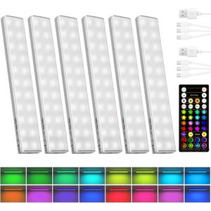 EZVALO 80 RGB Color Changing Under Cabinet Lighting Wireless, 1800mAh Rechargeable Shelf Lights, Magnetic, Timer & Dimmable Bar Light with Remote for Kitchen, Display Case, Cabinet, 6Pack