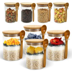 Overnight Oats Containers with Lids, 8 Pack 17oz Glass Yogurt Jars with Bamboo Spoon, Chia Pudding Containers for Salad, Cereal Coffee, Flour