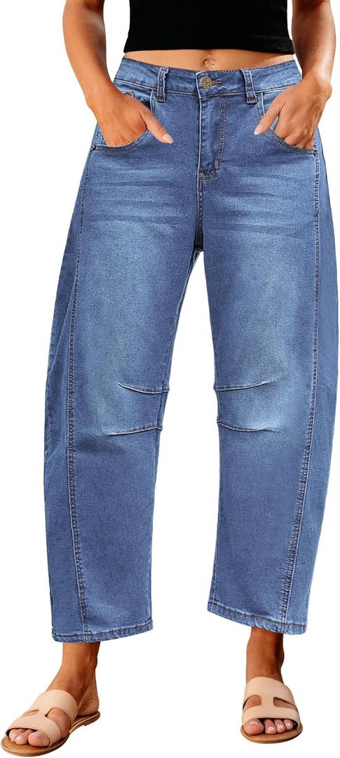 GRAPENT Barrel Jeans for Women Trendy High Waisted Wide Leg Baggy Cropped Relax Fit Stretch Denim Trouser Ankle Pants L