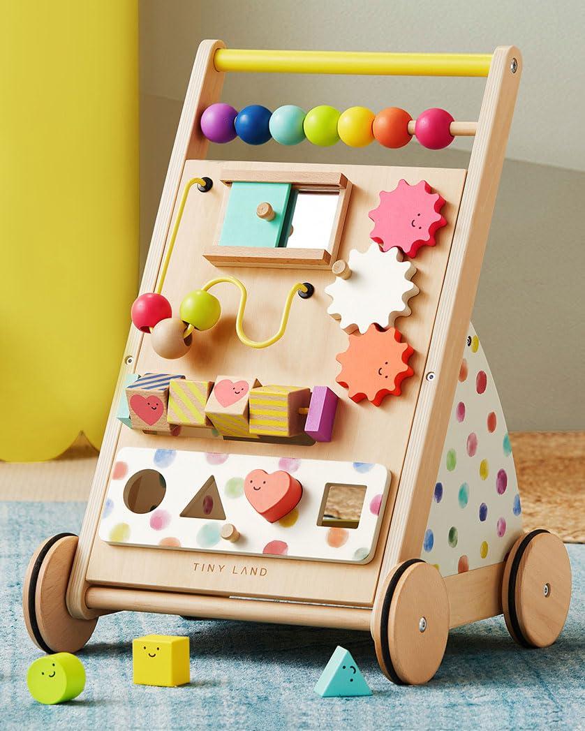 Tiny Land Wooden Baby Walker with Activity Center, Montessori Push Walker | Adjustable Speed, Anti-Tip Support, 2-in-1 Montessori Activity Center, Sitting Play to First Steps, Rainbow Pastel