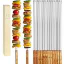 Vokop 12 Pack Kebab Skewers 23.5 Inch Stainless Steel Grilling BBQ Skewer Reusable Barbecue Skewers Flat Stick with Wood Handle,Ideal for Koubideh Brazilian Chicken Shrimp Turkish Shish Kabob