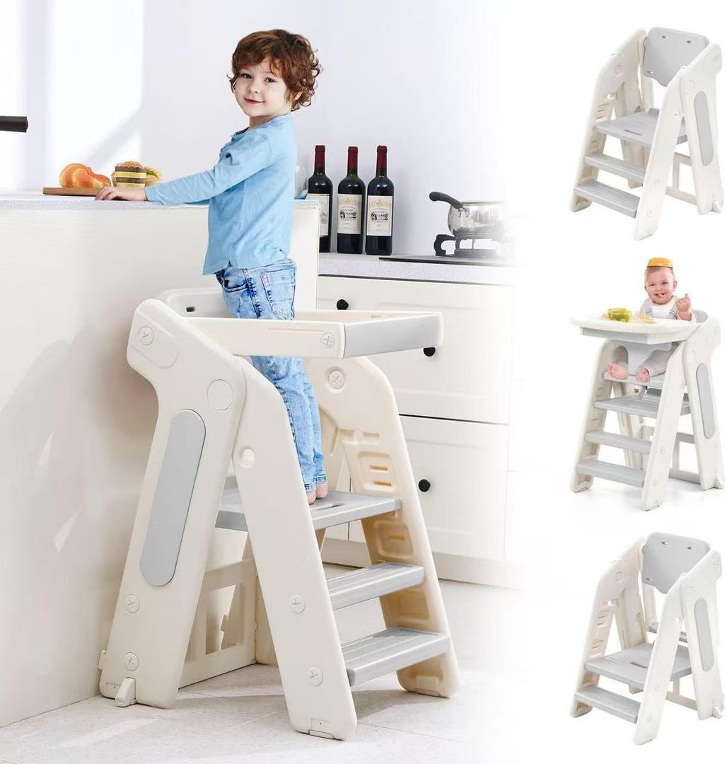 4-in-1 Convertible Toddler Step Stool, Adjustable Height Toddler Tower, Foldable Standing Tower with Safety Fence & Removable Dining Tray, Kids Step Stool for Kitchen Counter Bathroom Sink (Grey)