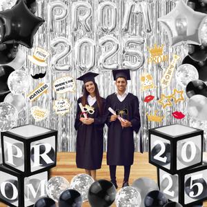 Class of 2025 Prom Night Decorations 16" Mylar Foil 2025 Balloons Photo Props Fringe Curtain Backdrop Balloon Box for High School College Grad Graduation Party (Sliver and Black)