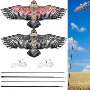 Qualirey 2 Sets Bird Scaring Eagle Flying Kite Bird Scarer Flying Kite for Crops Farm Simulated Eagle Scare Device with 12.63 ft Pole for Outdoor Home Yard (Beige Gray,Beige)