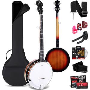 Pyle Banjo Kit with Remo Head and Sapele Resonator, 39" Full Size Traditional Open or Closed Back 5 String Instrument with 24 Brackets, Geared 5th Tuner, Premium Accessory Kit (Sun Burst)