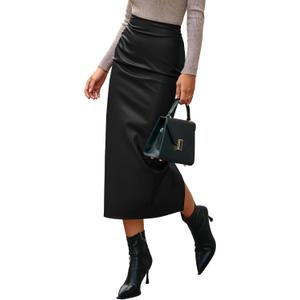 BTFBM Skirts for Women Trendy Spring 2026 Elastic Waist Ruched Bodycon Slit Pencil Midi Leather Skirt Bussiness Casual (Large, Black)