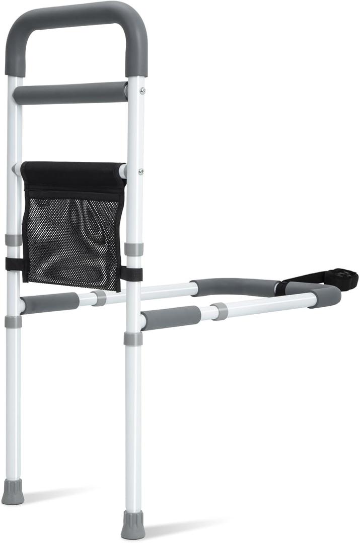 Bed Rails for Elderly Adults Safety - Adjustable Bed Assist Rail for Seniors Fall Prevention with Support Leg, Bedside Grab Bar Cane with Storage Pocket, Fits King, Queen, Full, Twin Bed