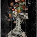 Flooreal Gothic Wall Art Home Decor Skeleton Picture Floral Sugar Skull Painting H16inch Black Dark Eclectic Wood Prints with Spooky Flower Aesthetic Vintage Style Artwork Plaque for House 1pc (15.7"L x 11.8"W)