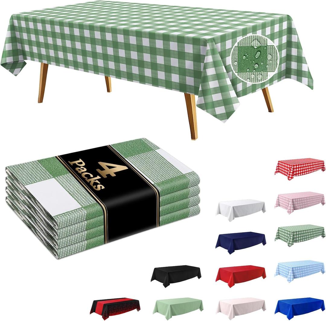4 Pack Sage Green Checkered Tablecloths, 54×108 Inches Rectangle Plastic Gingham Table Covers, Waterproof Disposable Table Cloths for St Patricks Day, Picnic, Party Decorations