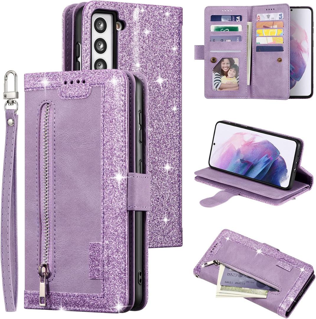 UEEBAI Wallet Case for Samsung Galaxy S21 5G, Retro 9 Card Holder Slots Zipper Pocket PU Leather Handbag Cover Magnetic Closure Kickstand with Wrist Strap TPU Shockproof Flip Case - Glitter Purple
