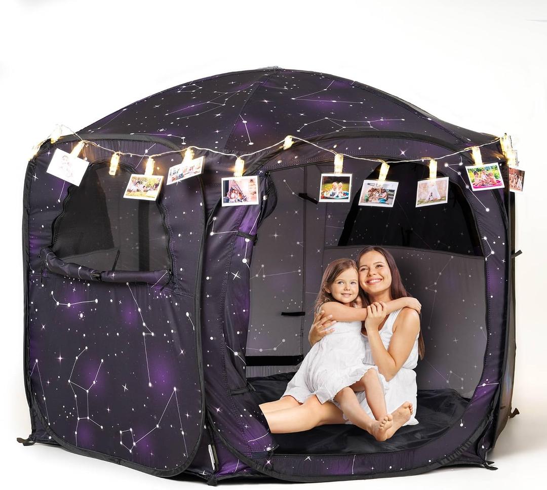 Porayhut Galaxy Pop Up Play Tent for Kids, 67" Hexagonal Privacy Sensory Tent with Removable Thick Mat & LED Photo Clip Lights, Light Blocking Indoor Outdoor Playhouse for Boys & Girls, Space Castle