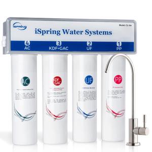 iSpring CU-A4 0.01m Ultra-Filtration Under Sink Water Filter System, Tankless 4-Stage High Capacity, Remove 99.99% Contaminants, Quick Filter Change with Brushed Nickel Faucet, White