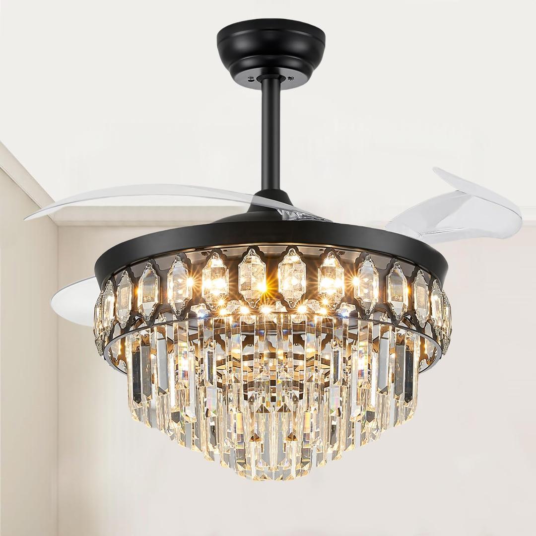 FIDGRA 42 Inch Fandelier Ceiling Fan with Light, Retractable Ceiling Fan with Lights Chandelier Fan for Bedroom, Living Room, 3 Color Temperature, 6 Wind Speed-Black