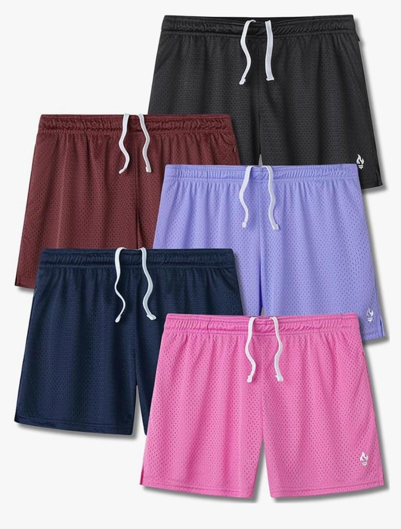 5-Pack Women's Athletic Shorts Mesh Basketball, Ladies Active Loose Pull-On Shorts with Zipper Pockets, 5" Inseam XL