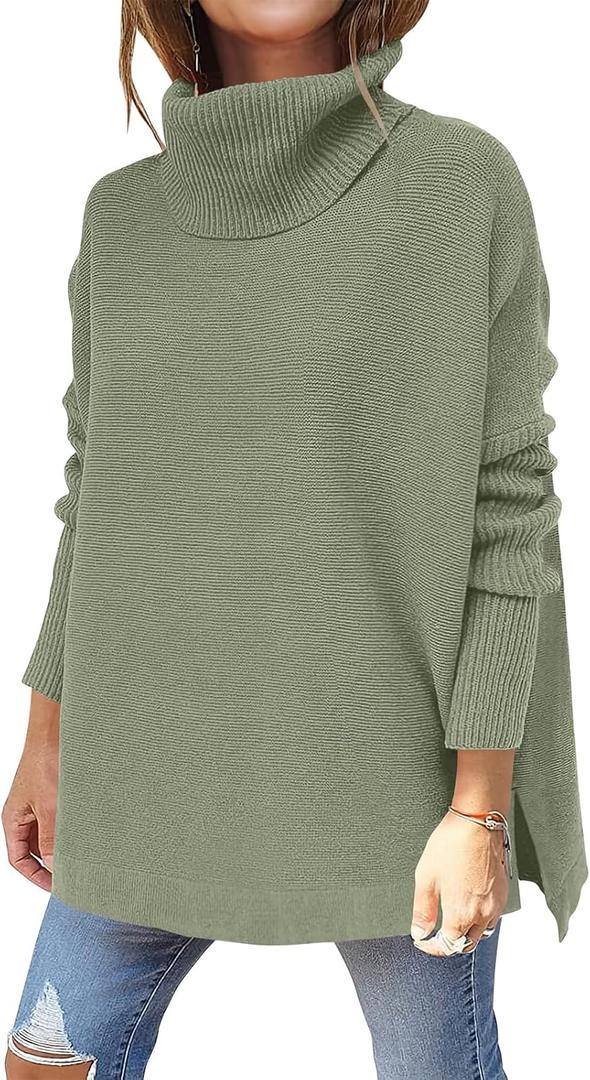 ANRABESS Women's Oversized Turtleneck Batwing Sleeve Spilt Casual Loose Knit Tunic Pullover Sweater Tops 2025 Fall Outfits (Gray, XS)