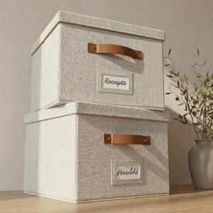 ZICOTO Decorative File Organizer Box Set of 2 - Collapsible Linen Filing Cabinets with Handles Are Perfect to Store All Your Documents & Hanging File Folders - Portable Easy Slide Crates with Lid