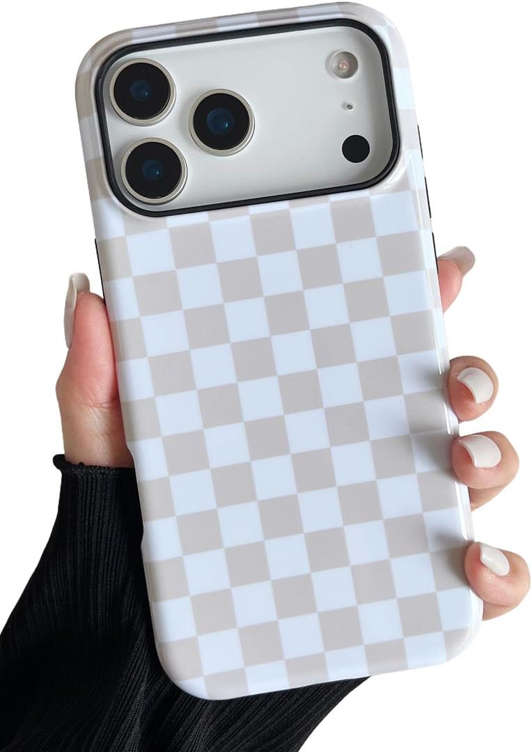 Longlayss Compatible with iPhone 17 Pro Max Case Cute Aesthetic Checkerboard Checkered Phone Case for Women Girl Shockproof Slim TPU and Hard PC Protective Cover (Antique White)