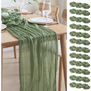 Asee'm 12pcs Cheesecloth Table Runner 120 Inches Sage Green Boho Gauze Cheese Cloth Runner 10FT Rustic Sheer Table Runners for Summer Wedding Baby Shower Holiday Party Decoration