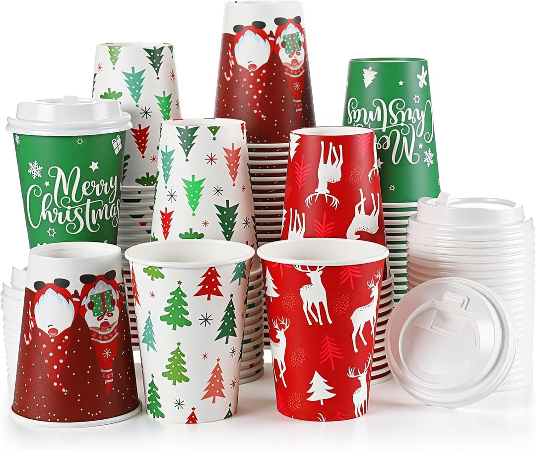 Zhehao 100 Pack 9 oz Christmas Paper Coffee Cups with Lids Disposable Paper Hot Cocoa Cups Christmas Drinkware Party Supplies for Coffee Tea Beverage(Santa Claus)