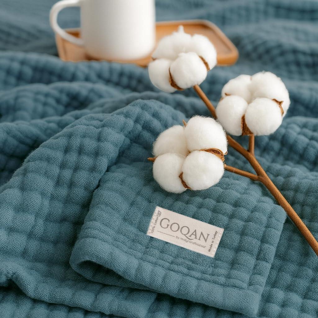 Goqan Muslin Blanket King Size 90x108  100% Turkish Cotton 4 Layer Boho Muslin Blanket for Adults, Four Season, Lightweight and Thin, Soft, Breathable for Bed, Couch - Teal
