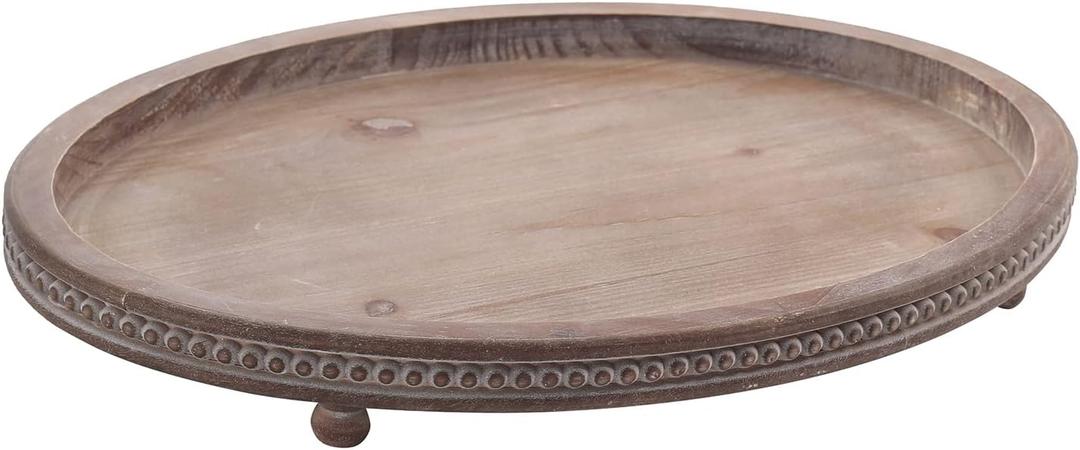 Decorative Oval Wooden Tray for Coffee Table Decor, Kitchen Dining, Entryway - Small Beaded Holiday Tray, Distressed Brown