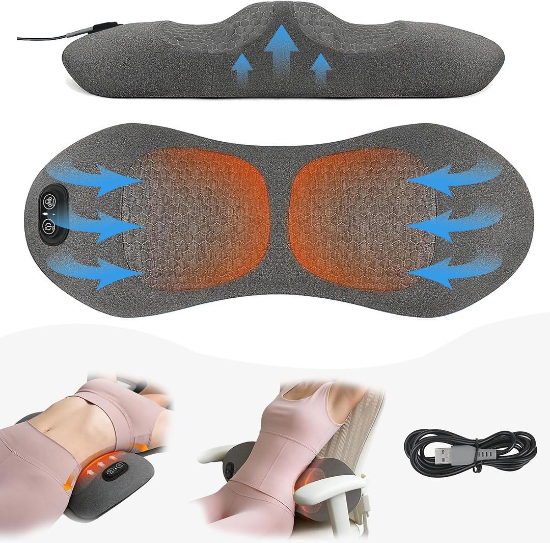 3-in-1 Electric Lumbar Support Pillow for Bed and Chair, Triple Fusion Back Massager with Heat, Vibration and Gentle Traction, Deep-Tissue Lower Back