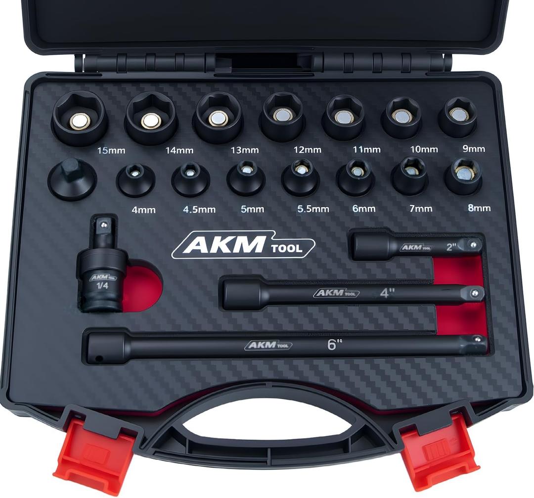 AKM TOOL 1/4 Inch Drive Magnetic Impact Socket Set, 19-Piece Metric, 4mm-15mm, 6 Point, Cr-Mo, Square Drive, Magnetic Socket with Adapter, Universal Joint & Extension