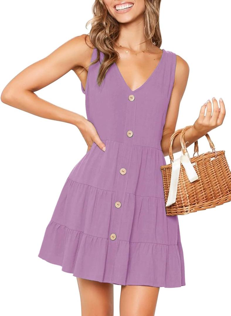 MITILLY Women's Casual T-Shirt Dresses Sleeveless V Neck Button Down A Line Loose Swing Short Dress with Pockets (Purple, L)