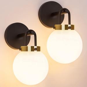 Modern Wall Sconces Set of Two, Black Gold Wall lighting, Bathroom Vanity Light with White Globe Glass, Wall Sconce Light - Wall Lamps for Bedroom Living Room Hallway Stairs Kitchen, E26 Socket