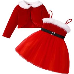 Little Girl Christmas Dress Velvet Cardigan+Santa Claus Strap Dress 2 Piece Cardigan Set 3-8T (5-6 Years, Red)