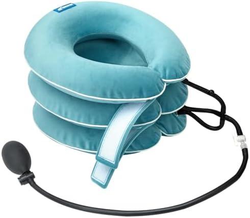 Cervical Neck Traction Device for Neck Pain Relief - Inflatable Neck Stretcher Traction Collar for Neck Decompression - Best Home Use Neck Brace Pump (Blue Plush)
