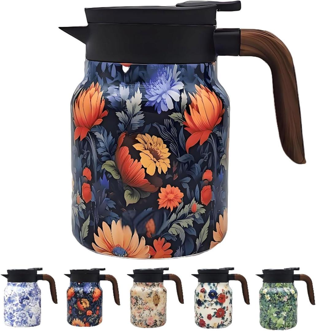 Vintage Pattern Coffee Carafes, 35 Oz/1 Liter - Hot and Cold with Infuser, Perfect for Parties/Home Use (Blooming Flowers)