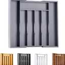 Kitchen Silverware Drawer Organizer and Storage Bamboo Wood Cooking Utensil Holder Cutlery Knife Jewelry Spice Rack Spoon Fork Multi Cabinet Organization Bathroom Counter Expandable Adjustable Tray (7 Slots Expandable, Gray)
