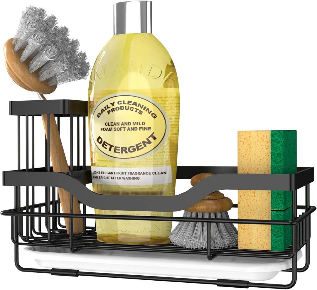 Sponge Holder for Kitchen Caddy Sink Organizer, Multifunctional Rustproof Dish Soap Sponge Caddy for Sink Counter with Detachable Brush Holder & Drain Tray - Storage Kitchen & Home Accessories, Black
