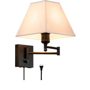 Swinging arm Wall lamp, Fabric lampshade, with Plug and dimming Rotary Switch, USB and Type-C Charging Port, Suitable for Bedside, Living Room, Hotel and Bedroom Wall Lamps (White square lampshade)