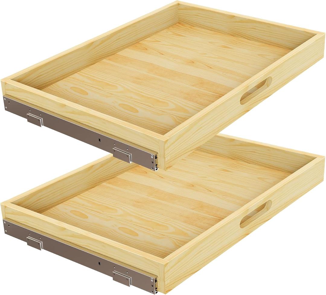 Petpvilit 2 Set Pull Out Cabinet Organizer, Soft Close Slide Out Wood Drawer Storage Shelves for Kitchen, Base Cabinet Organization for Pantry, Finished, Heavy-Duty, Bottom Assembly (30” W x 21” D)