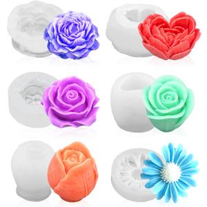 6Pcs Rose Flower Candle Resin Mold Silicone Flower Mold for Candle Making Large 3D Heart Rose Tulip Daisy Peony Valentine Mother Day Silicone Candle Mold for Soy Wax Beeswax Resin Craft