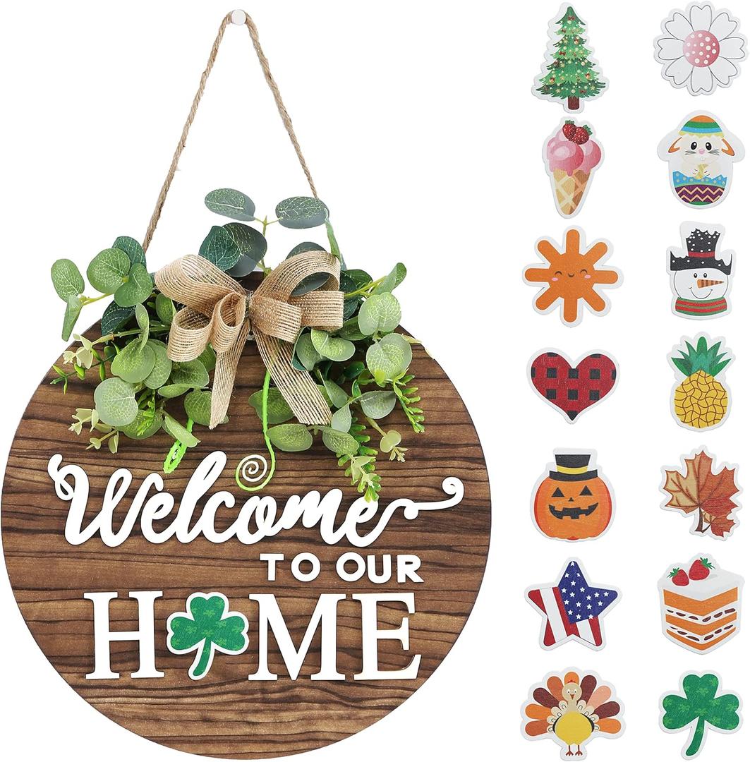 Interchangeable Seasonal Welcome Sign Front Door Decoration, Rustic Round Wood Wreaths Wall Hanging Outdoor, Farmhouse, Porch, for Spring Summer Fall All Seasons Holiday Halloween Christmas. (12 Inch, 01blown)