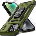 DEERLAMN Case for iPhone 13/iPhone 14 6.1-Inch with Slide Camera Cover+Screen Protector(2 Packs),Rotated Ring Kickstand Military Grade Shockproof Protective Cover-Olive Green