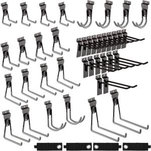 Landhoow 36 Pcs Slatwall Hooks & Hangers 32 Heavy Duty Slat Wall Hanging Hooks with 4 Storage Straps Assortment Slatwall Accessories for Storage Garage Wall Organization Garden Home (Grey) (Gray)