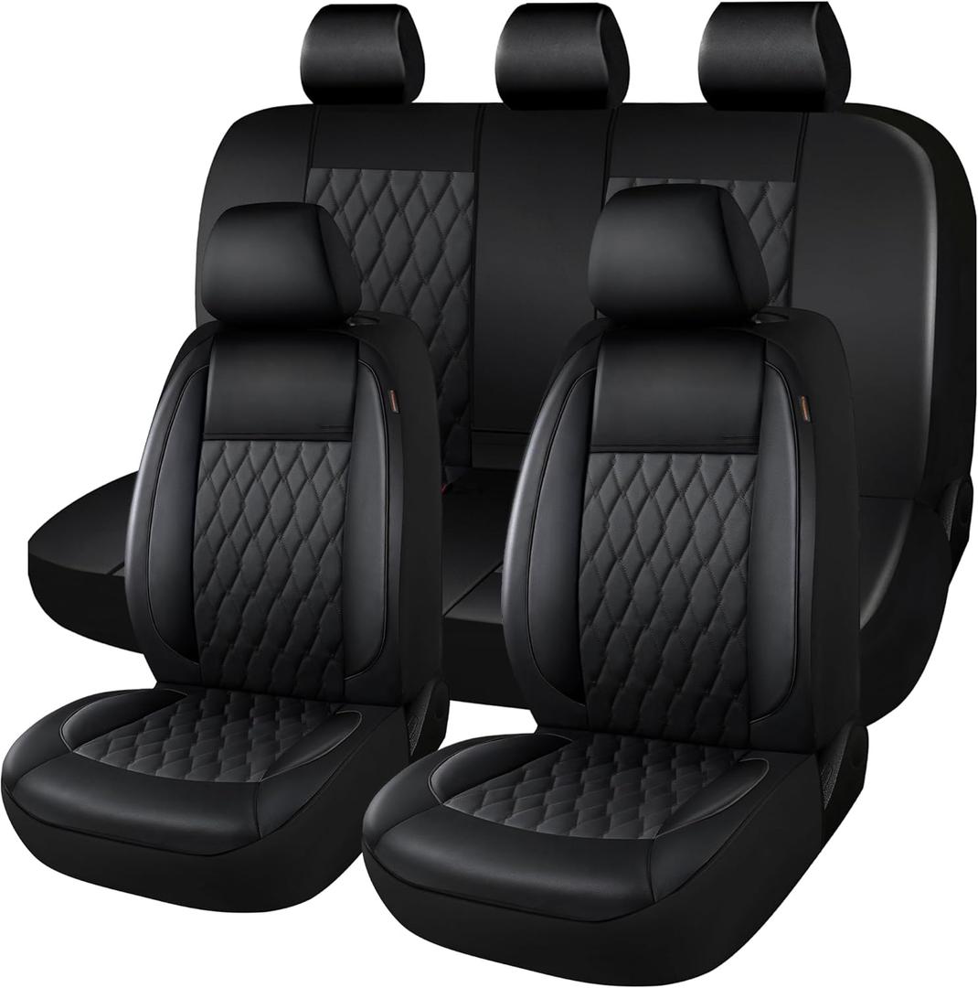 CAROMOP Faux Leather Car Seat Covers Full Set,Luxury and Comfortable Covers for Cars,Split Bench Compatible Car Interior Covers,Universal Fit for Suvs,Vans,Trucks,Airbag Compatible(5-Seat Black)