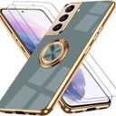 for Samsung Galaxy S21 5G Case, with 2 Screen Protector, Built-in 360 Ring Holder Magnetic Stand, Luxury Electroplated Plating Edge Shockproof Protective Phone Cover, Gray
